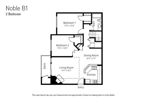 Floor plan for 2 beds, 1 bath, 979 sqft